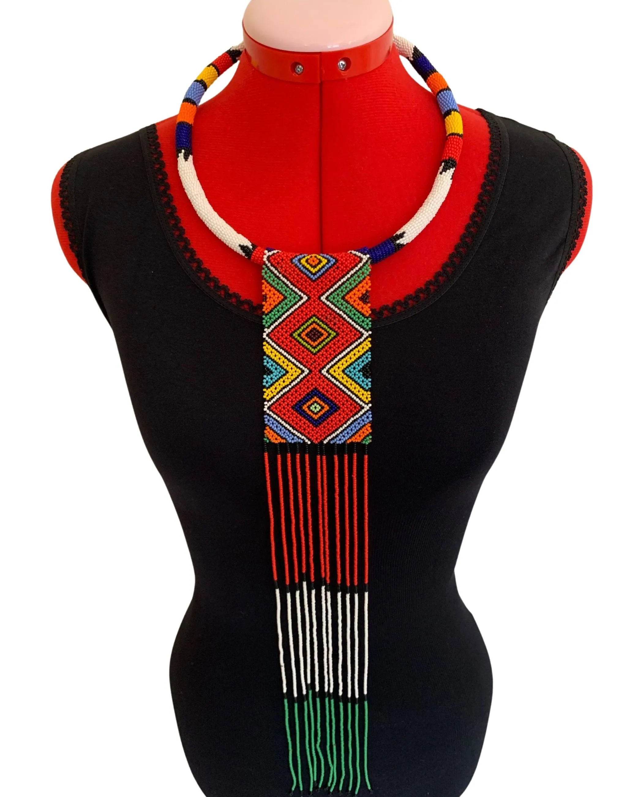 Classic African Hand Beaded Long Frilled Tie Necklace
