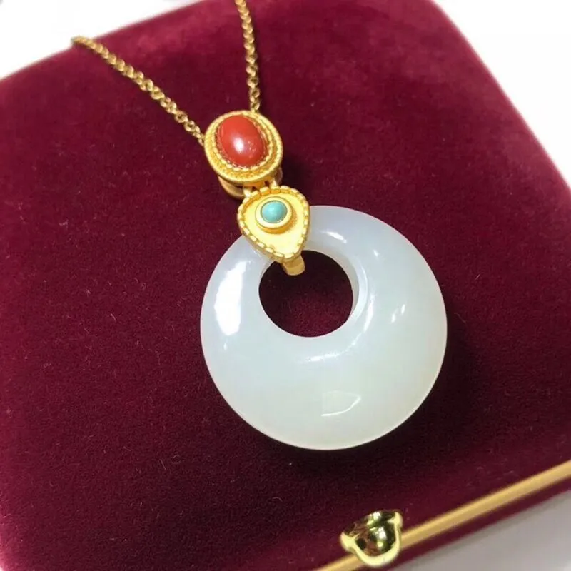 Classic inlaid natural Hetian white jade ring pendant necklace