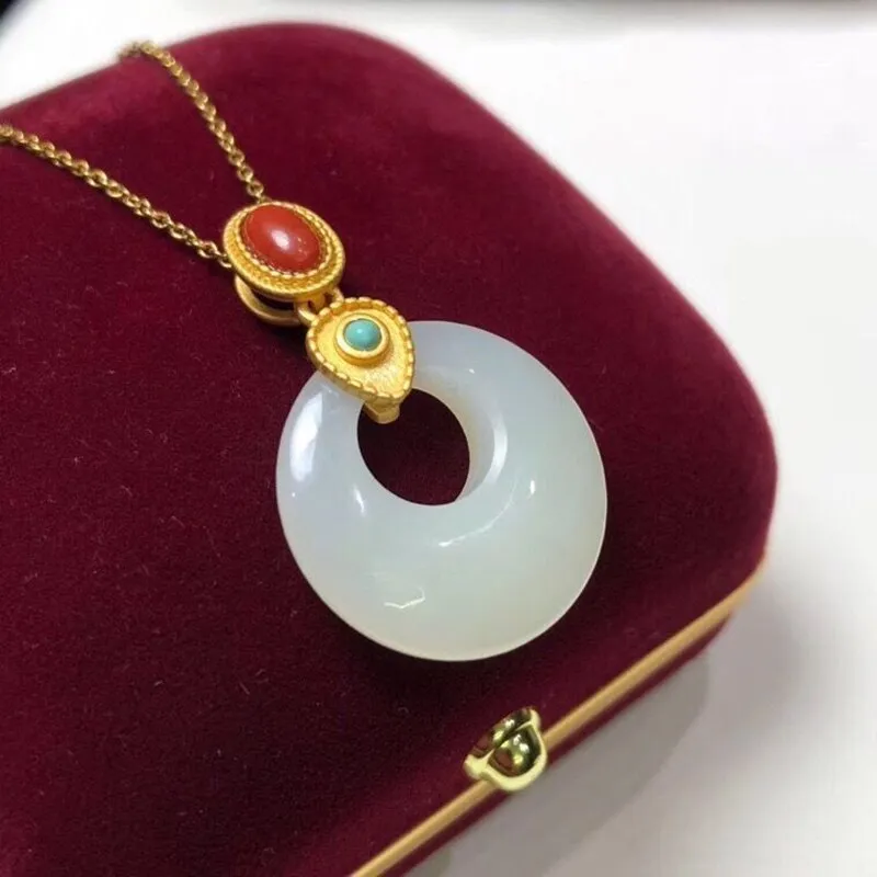 Classic inlaid natural Hetian white jade ring pendant necklace