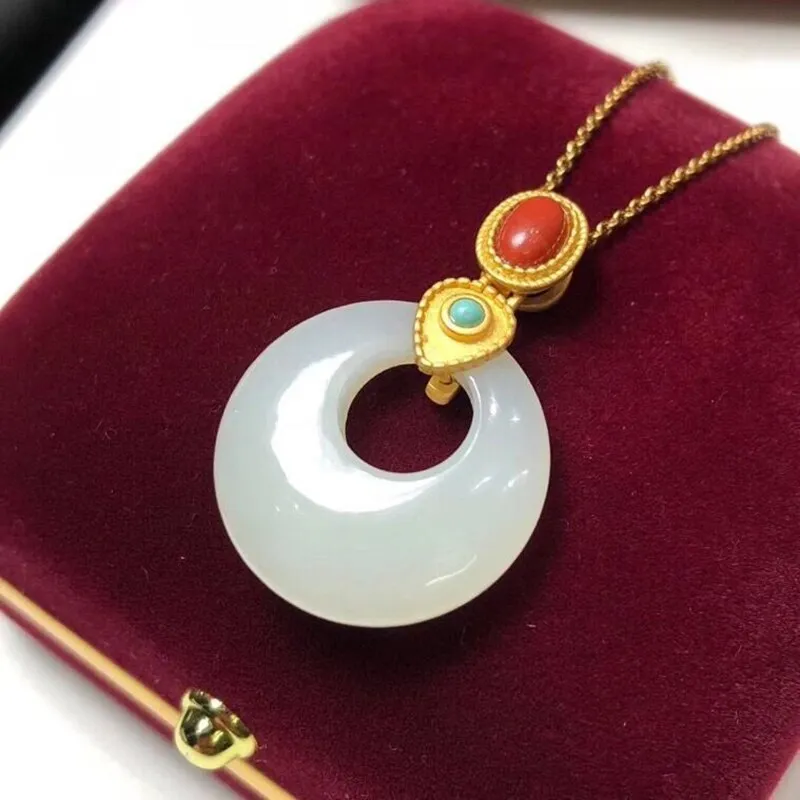 Classic inlaid natural Hetian white jade ring pendant necklace