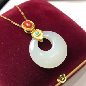 Classic inlaid natural Hetian white jade ring pendant necklace