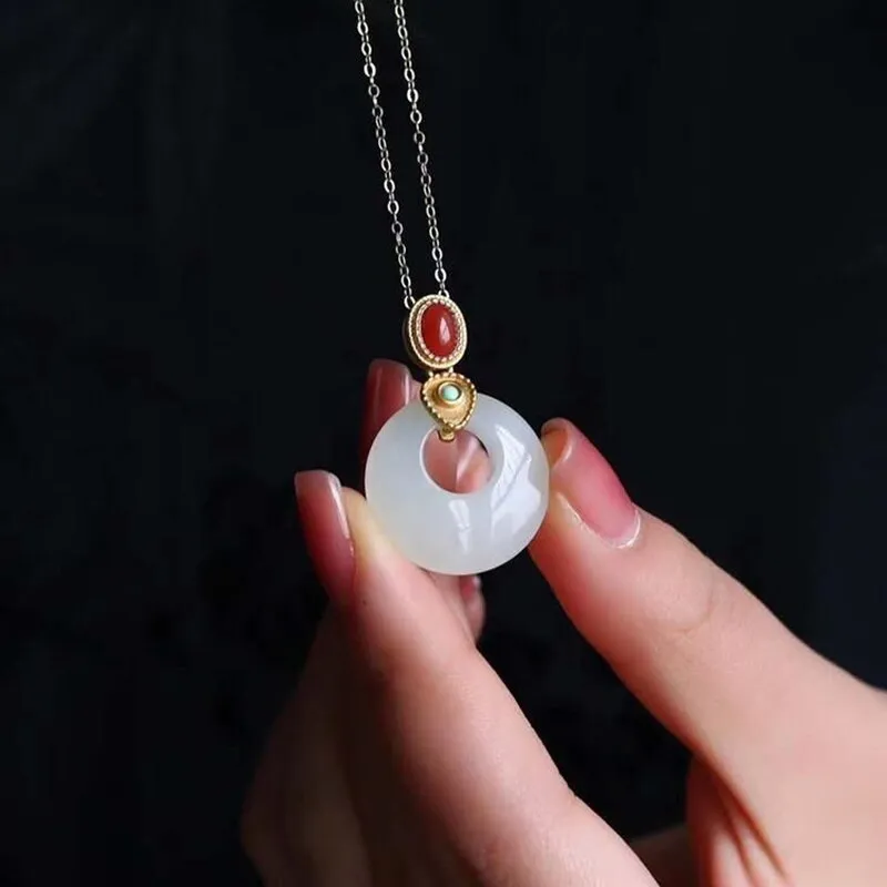 Classic inlaid natural Hetian white jade ring pendant necklace