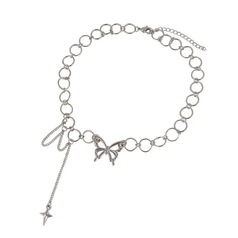 Clavicle Choker Punk Gothic Butterfly New Link Chain Necklace Women Necklaces 2021 Women Jewelry Hollow Circle Long Tassel