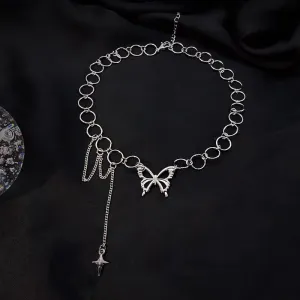 Clavicle Choker Punk Gothic Butterfly New Link Chain Necklace Women Necklaces 2021 Women Jewelry Hollow Circle Long Tassel