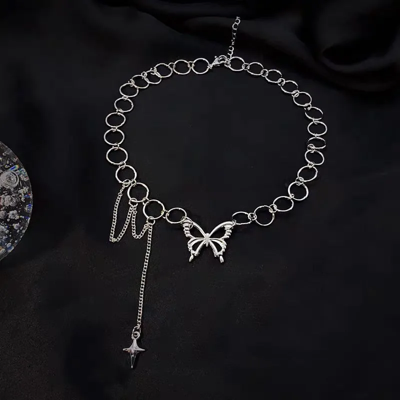 Clavicle Choker Punk Gothic Butterfly New Link Chain Necklace Women Necklaces 2021 Women Jewelry Hollow Circle Long Tassel