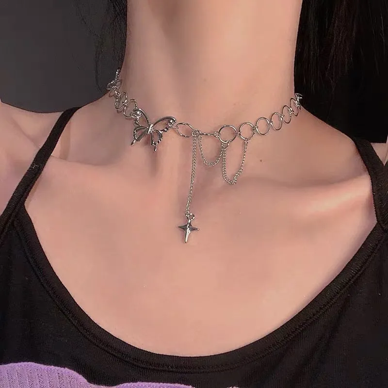 Clavicle Choker Punk Gothic Butterfly New Link Chain Necklace Women Necklaces 2021 Women Jewelry Hollow Circle Long Tassel