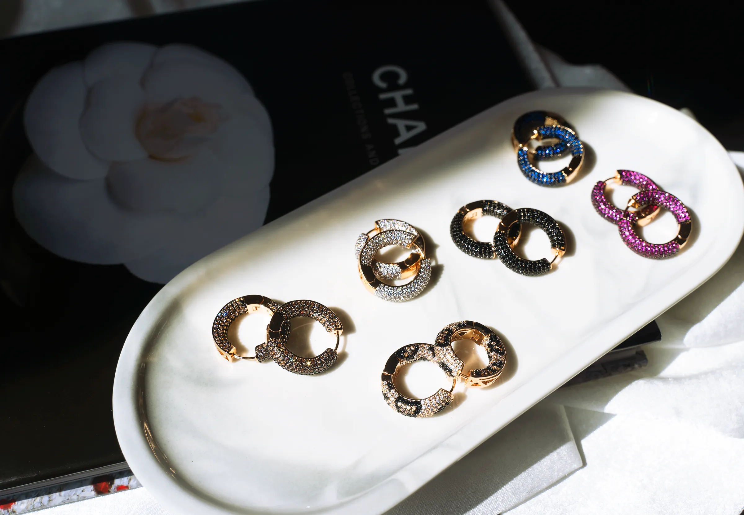 Colorful Rina Huggie Hoop Earrings - Brilliant Cut CZ Stones, Infinity Fit, Brass with 14K Gold Plating