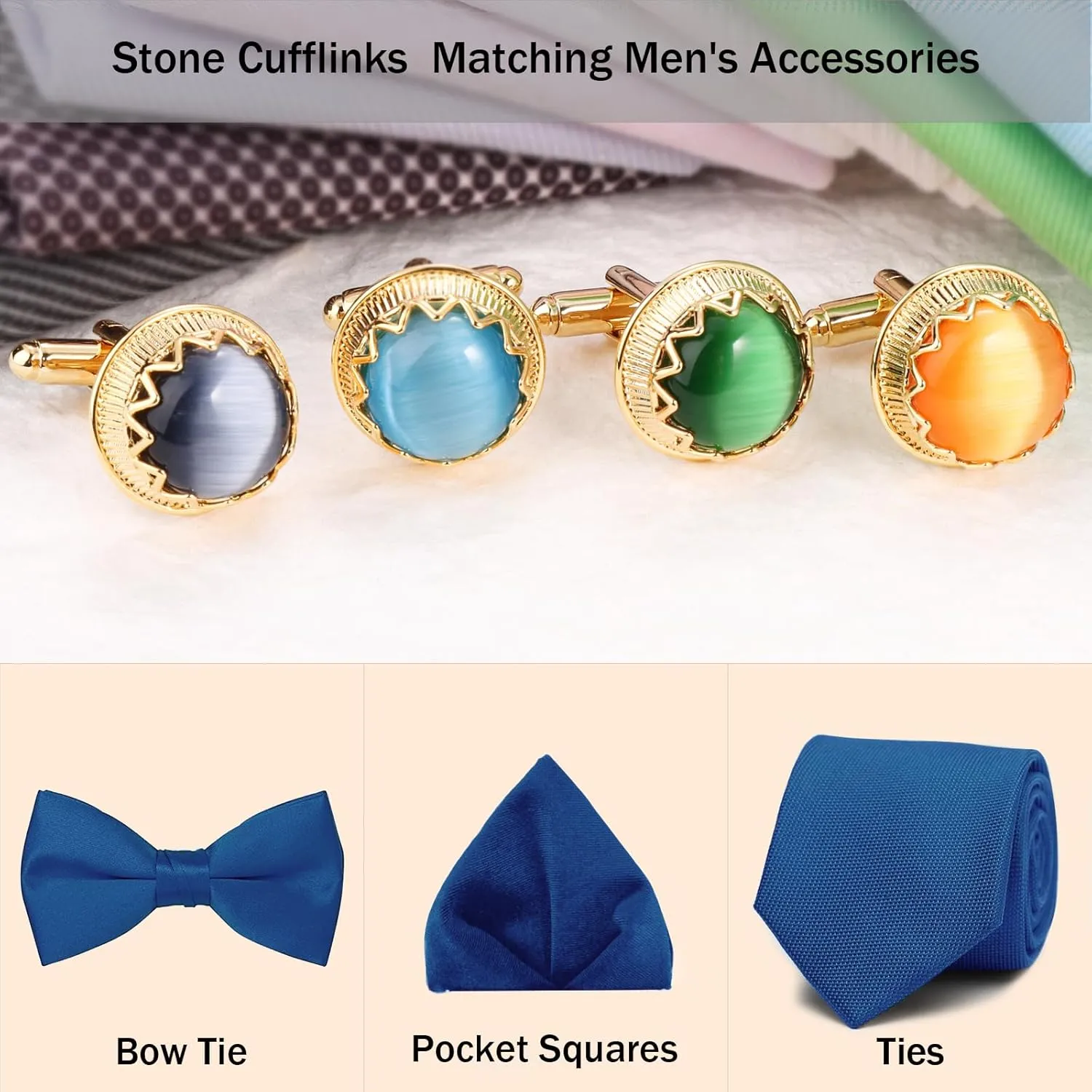 Cuff Links Mens Gold, Cat Eye Gemstone Cufflinks for Men Opal Brass Crystal Cuff Link Wedding Business Gift for Groom Father Husband Boyfriend