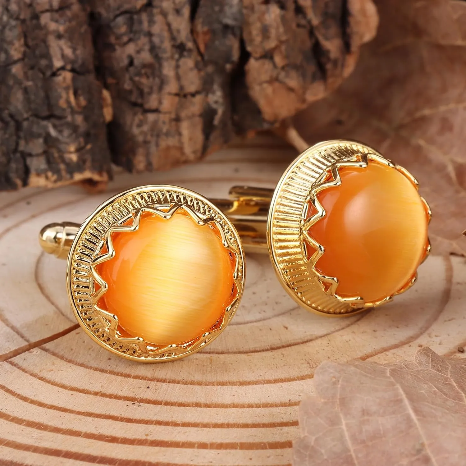 Cuff Links Mens Gold, Cat Eye Gemstone Cufflinks for Men Opal Brass Crystal Cuff Link Wedding Business Gift for Groom Father Husband Boyfriend