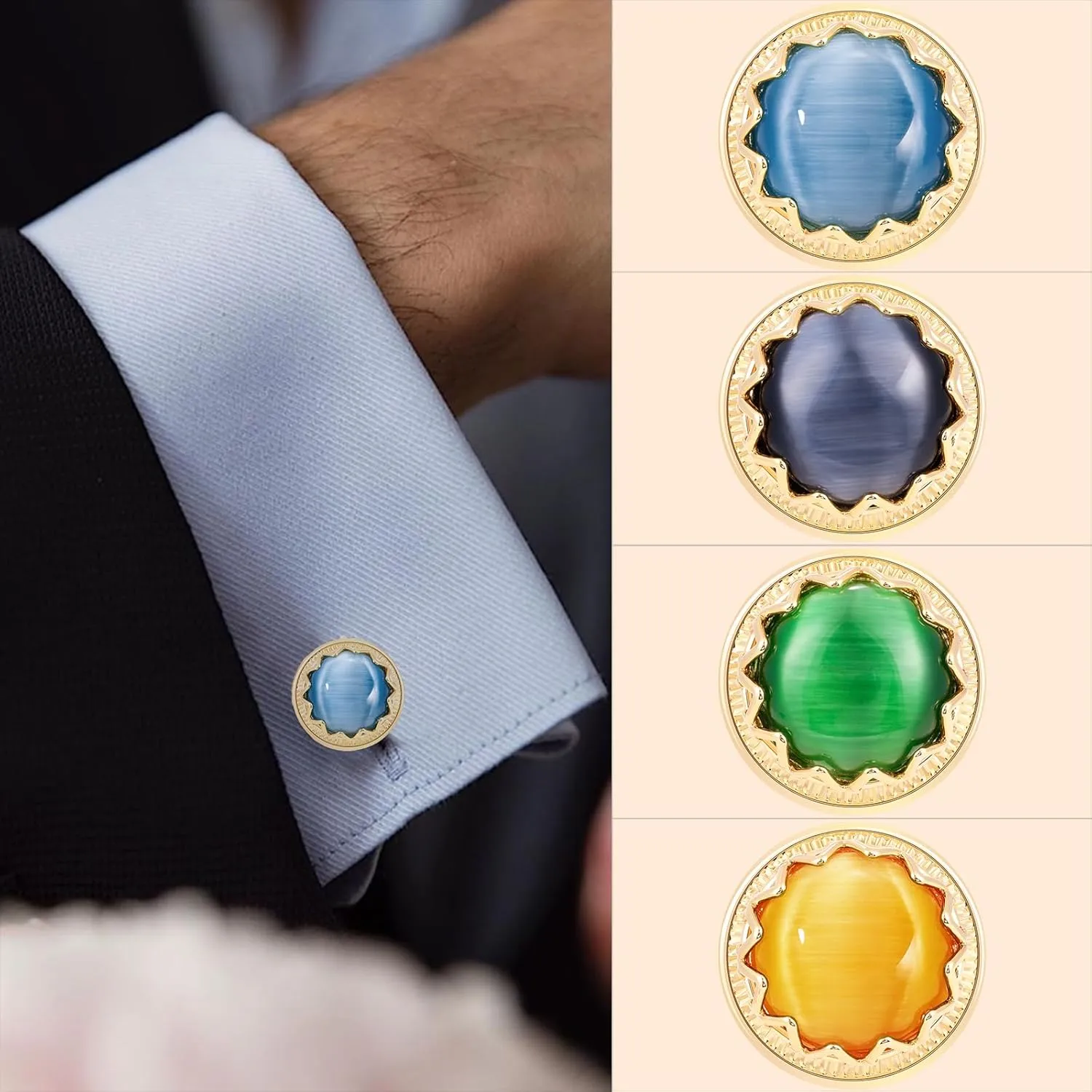 Cuff Links Mens Gold, Cat Eye Gemstone Cufflinks for Men Opal Brass Crystal Cuff Link Wedding Business Gift for Groom Father Husband Boyfriend