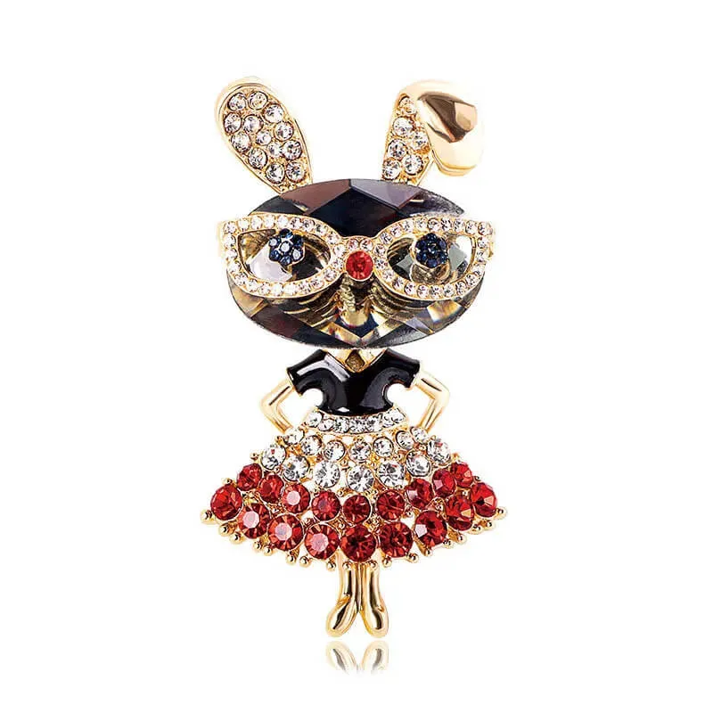 Dancing Bunny Brooch in Glasses and Tutu Encrusted with Rhinestones