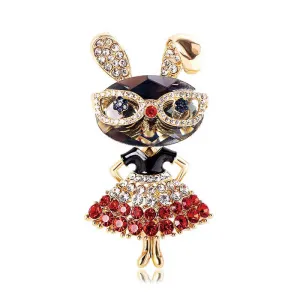 Dancing Bunny Brooch in Glasses and Tutu Encrusted with Rhinestones
