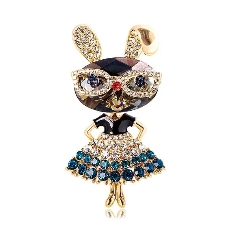 Dancing Bunny Brooch in Glasses and Tutu Encrusted with Rhinestones