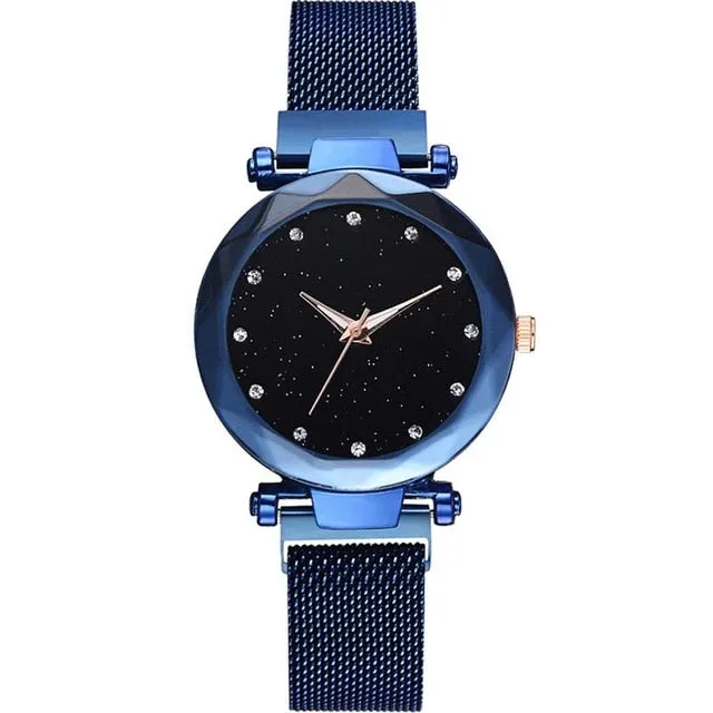 Diamond Rose Gold  Starry Sky Magnetic Mesh Ladies Quartz Wrist