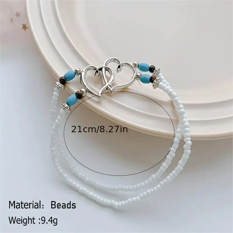 Double Openwork Heart Beaded Anklet Set with Mini Seed Beads