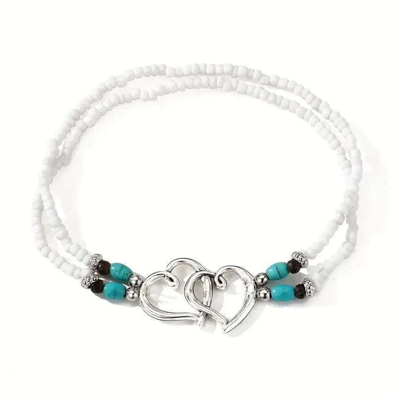 Double Openwork Heart Beaded Anklet Set with Mini Seed Beads
