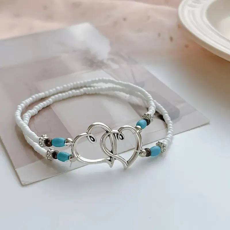 Double Openwork Heart Beaded Anklet Set with Mini Seed Beads