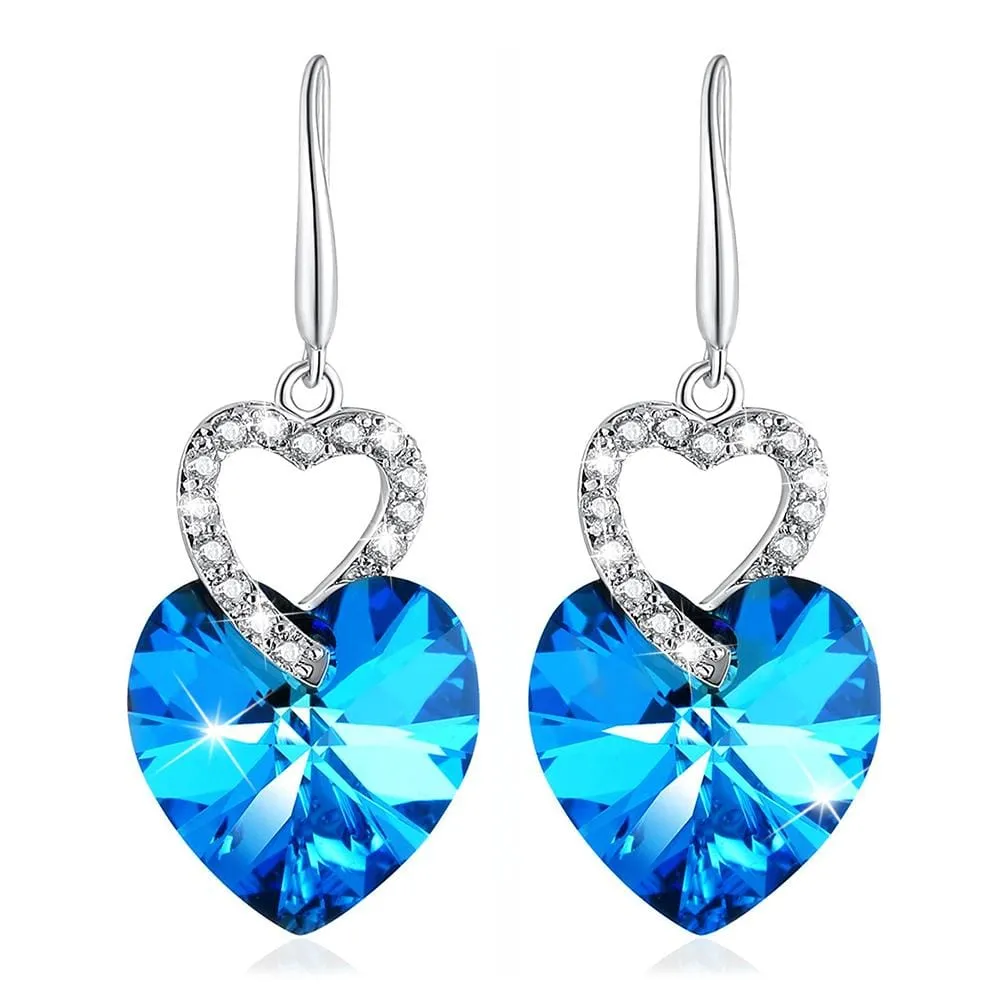 Duo Heart Shaped Brilliant Blue Hook Earrings Embellished with Crystals from SWAROVSKI®