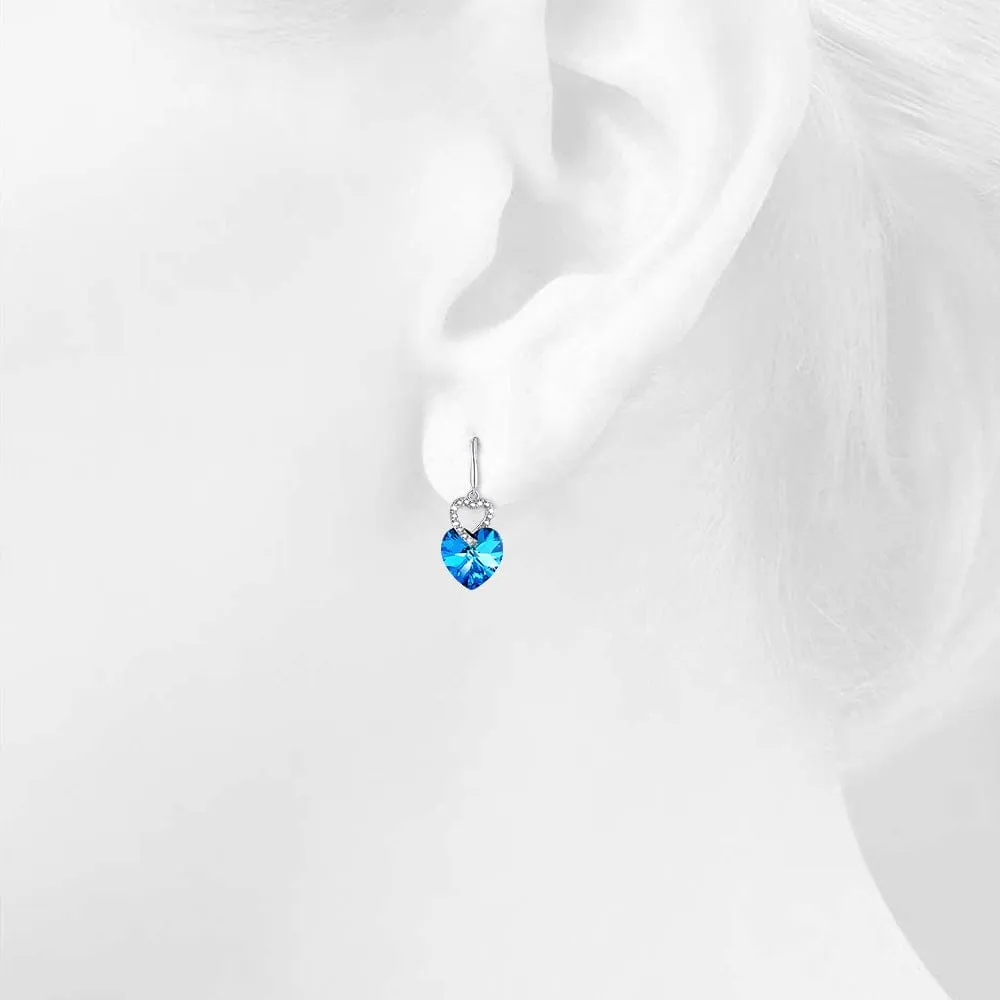 Duo Heart Shaped Brilliant Blue Hook Earrings Embellished with Crystals from SWAROVSKI®
