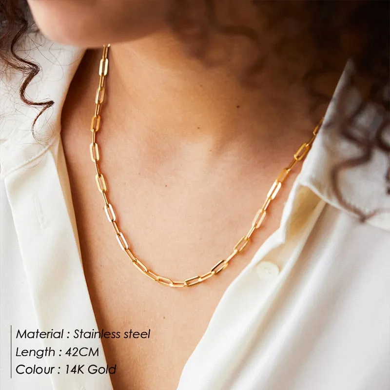 eManco Hot Fashion Paperclip Link Chain Women Necklace Stainless Steel Gold Color Chain Necklace For Women Men Jewelry Gift