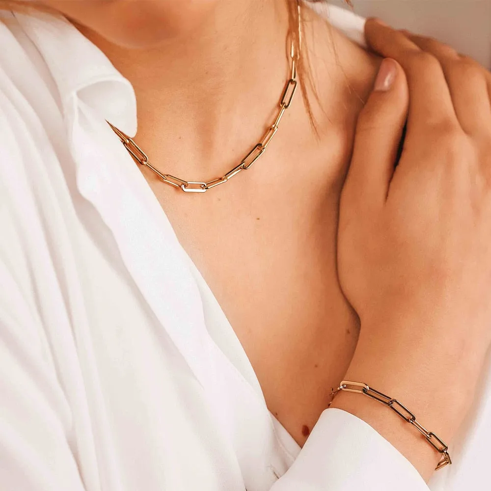 eManco Hot Fashion Paperclip Link Chain Women Necklace Stainless Steel Gold Color Chain Necklace For Women Men Jewelry Gift