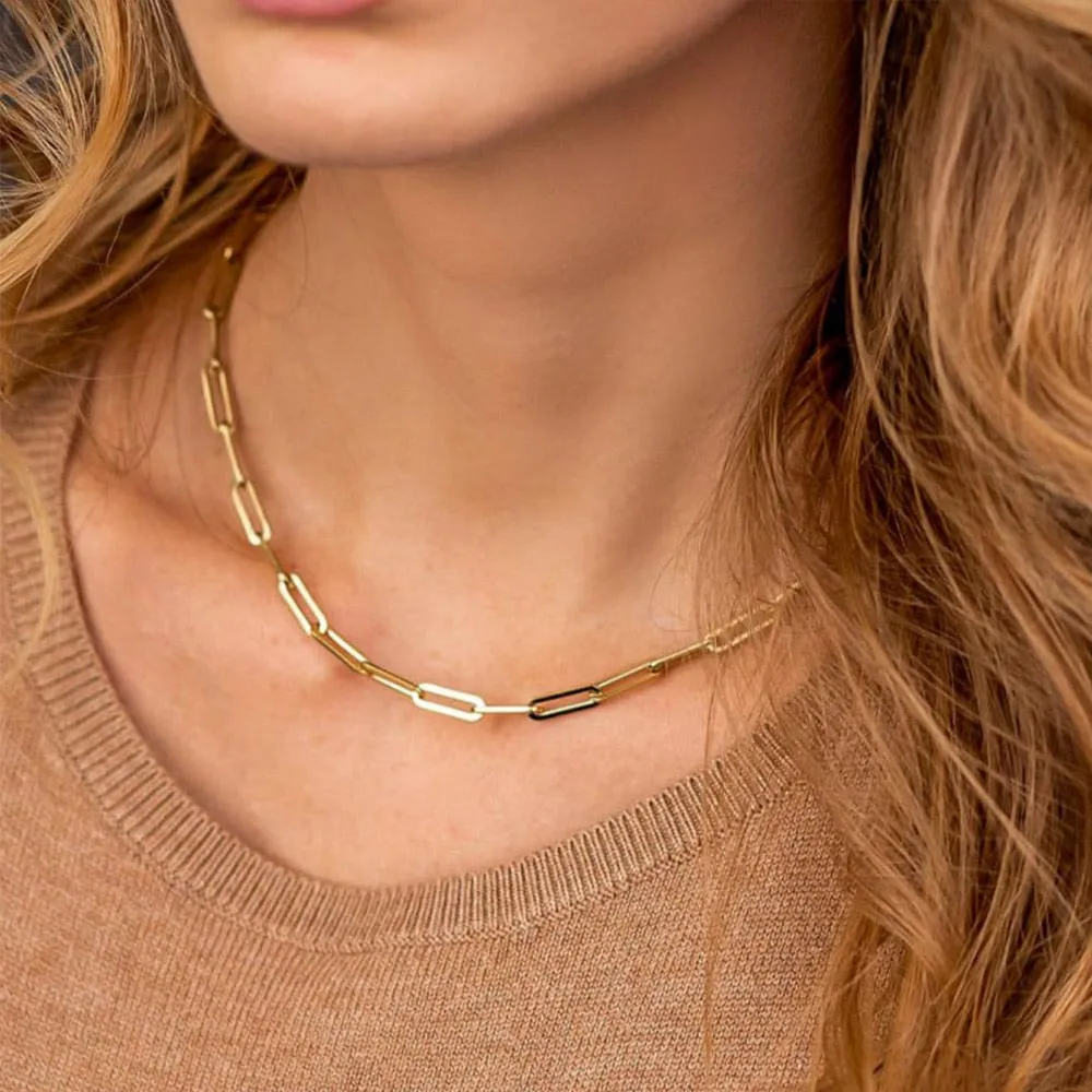 eManco Hot Fashion Paperclip Link Chain Women Necklace Stainless Steel Gold Color Chain Necklace For Women Men Jewelry Gift