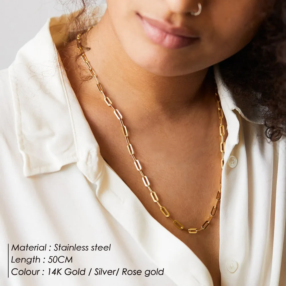eManco Hot Fashion Paperclip Link Chain Women Necklace Stainless Steel Gold Color Chain Necklace For Women Men Jewelry Gift