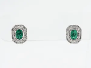 Emerald & Diamond Halo Earrings in 14k White Gold