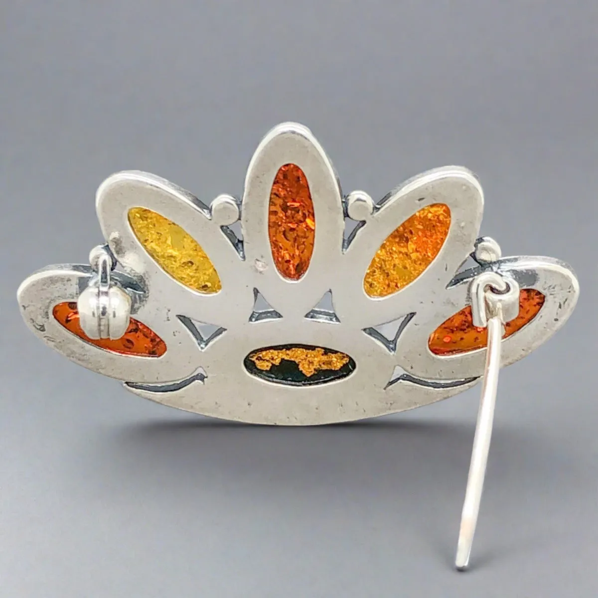 Estate Sterling Silver & cabochon Amber Pin