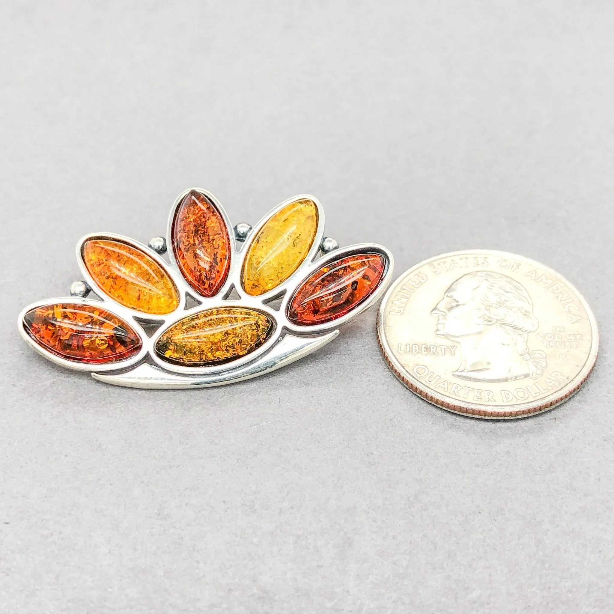 Estate Sterling Silver & cabochon Amber Pin