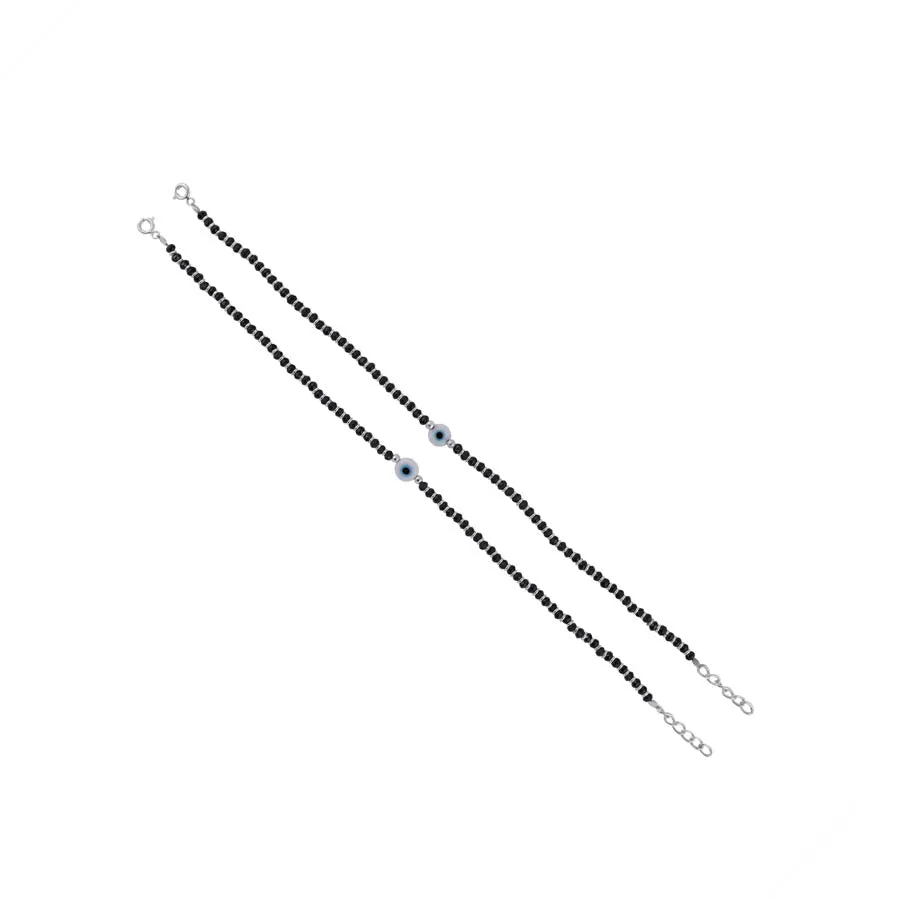 Evil Eye and Blue Beads Silver Double Line Anklets for Women