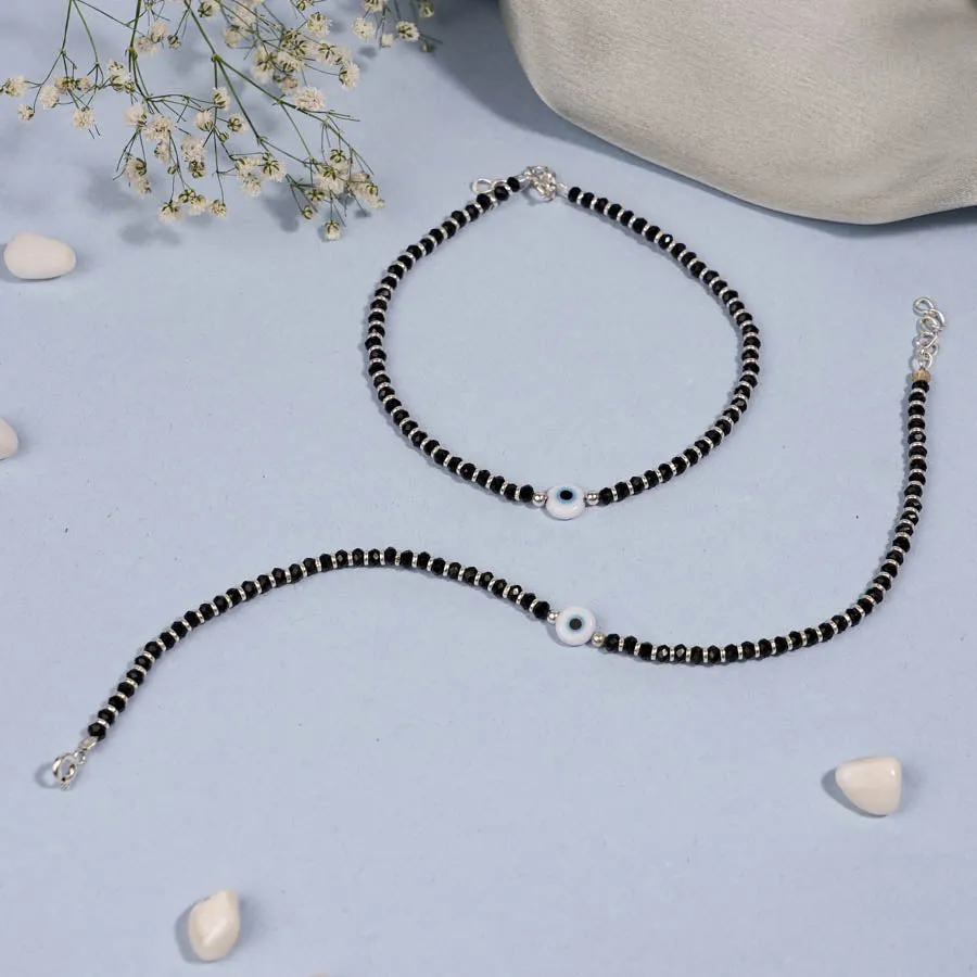 Evil Eye and Blue Beads Silver Double Line Anklets for Women