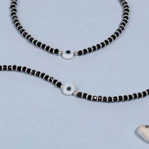 Evil Eye and Blue Beads Silver Double Line Anklets for Women