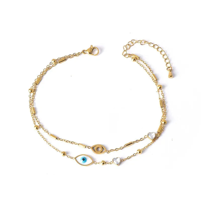 Evil Eye and Heart Charm Gold Anklet