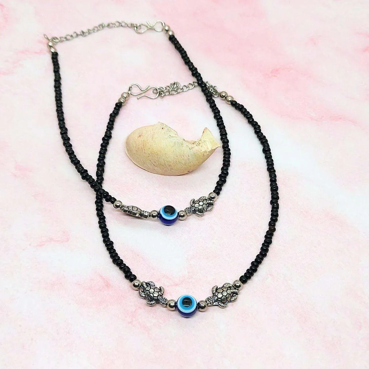 EVIL EYE- BLACK BEADED ANKLET PAIR