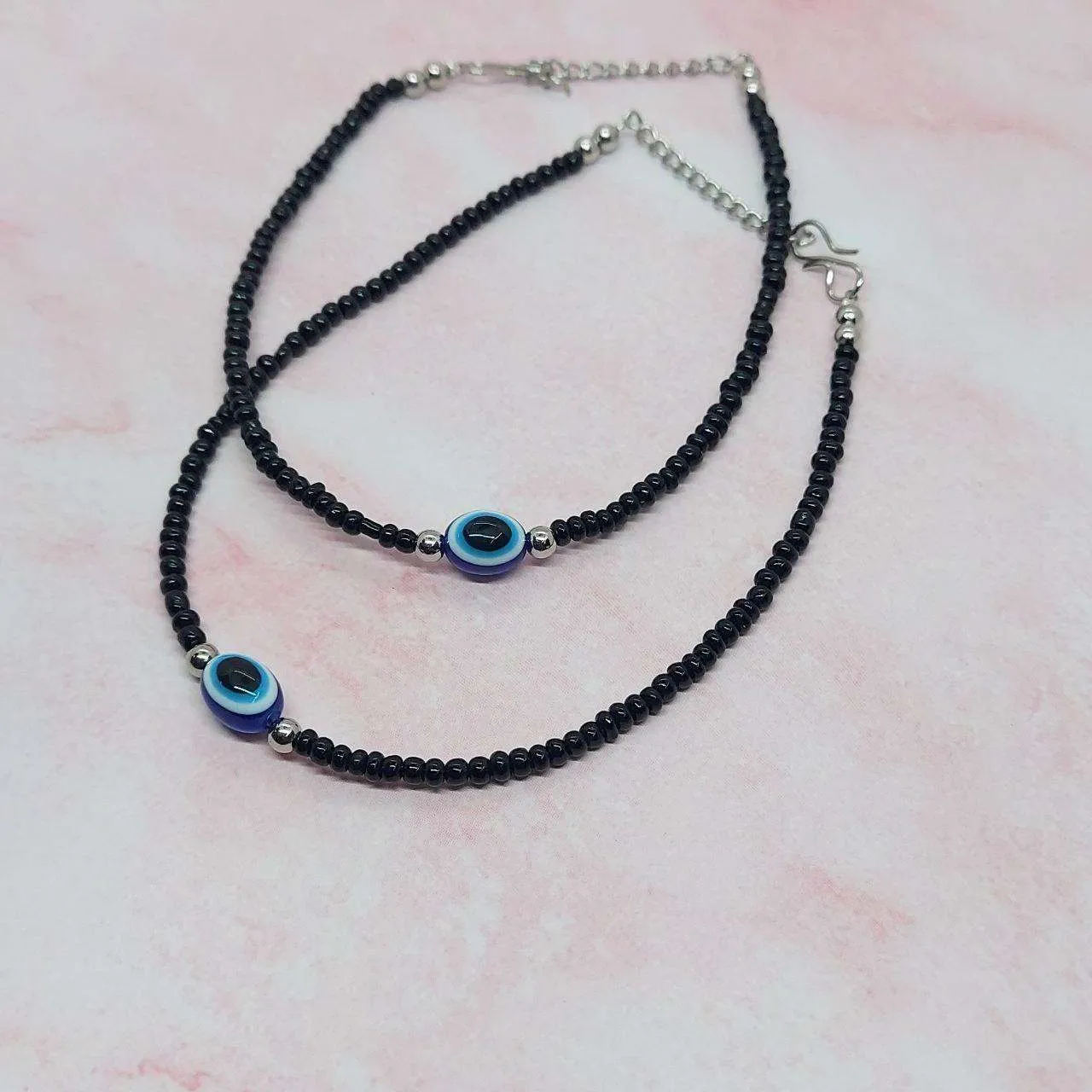 EVIL EYE- BLACK BEADED ANKLET PAIR