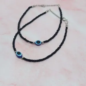 EVIL EYE- BLACK BEADED ANKLET PAIR