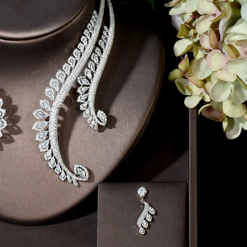 Fabulous Full AAA  Cubic Zirconia Diamonds Feather Chokers Wedding Set