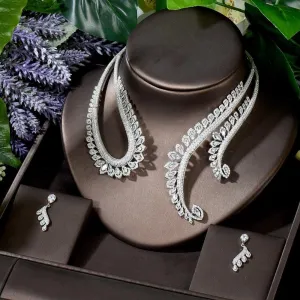 Fabulous Full AAA  Cubic Zirconia Diamonds Feather Chokers Wedding Set
