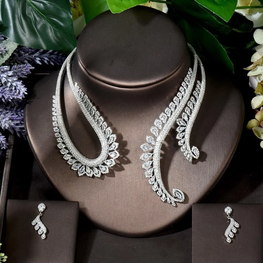 Fabulous Full AAA  Cubic Zirconia Diamonds Feather Chokers Wedding Set