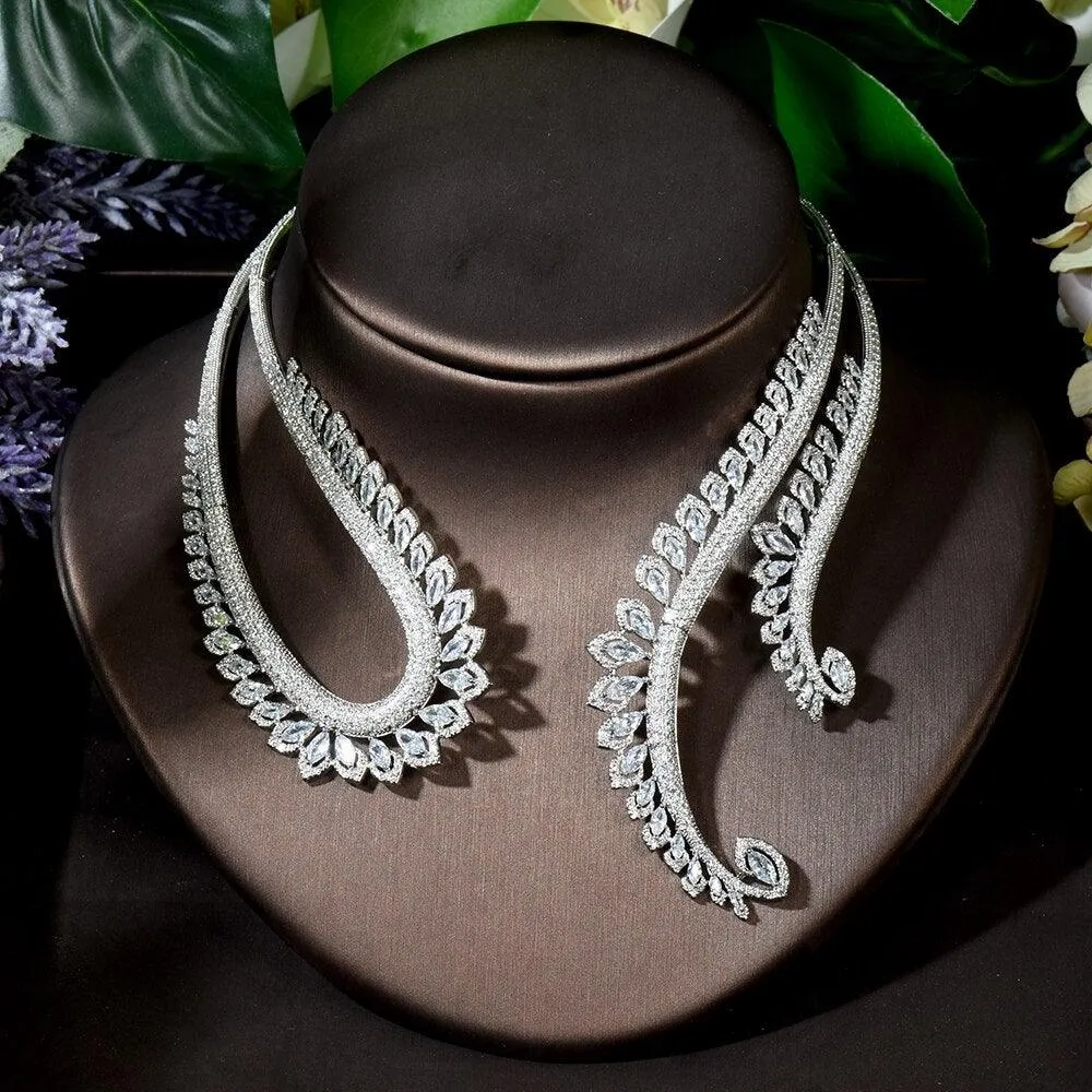 Fabulous Full AAA  Cubic Zirconia Diamonds Feather Chokers Wedding Set