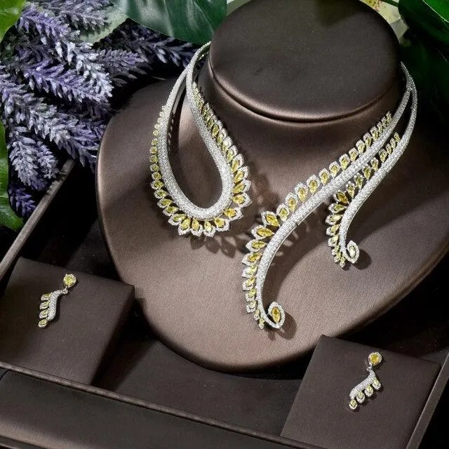 Fabulous Full AAA  Cubic Zirconia Diamonds Feather Chokers Wedding Set