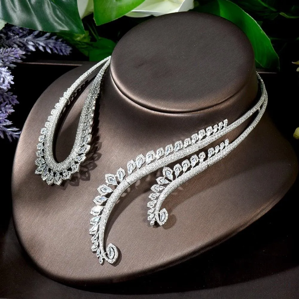 Fabulous Full AAA  Cubic Zirconia Diamonds Feather Chokers Wedding Set