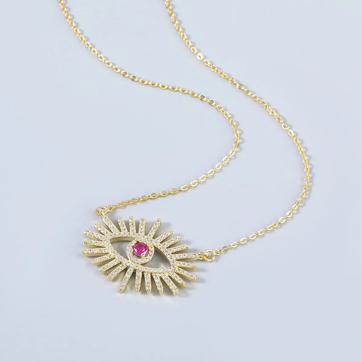 Fashion Metal Copper Rhinestone Eye Pendant Necklace Women