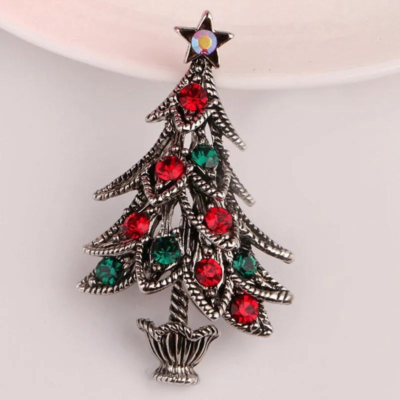 Festive Rhinestone Filled Christmas Tree Brooch Pins