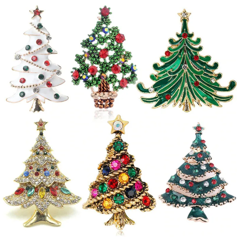Festive Rhinestone Filled Christmas Tree Brooch Pins