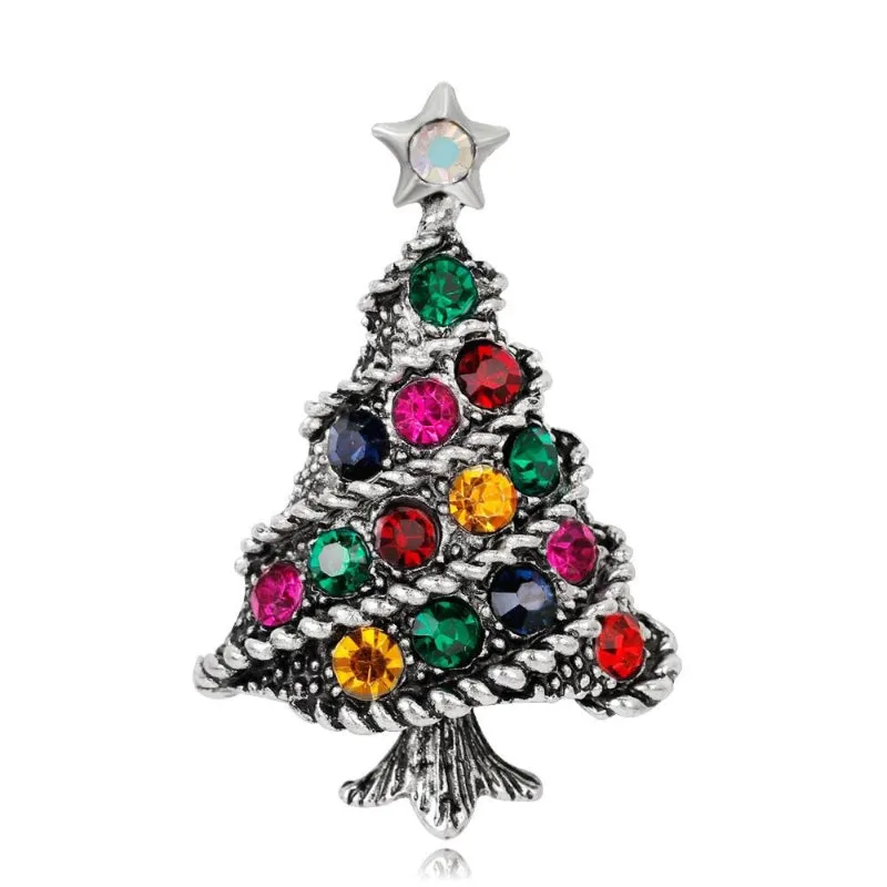 Festive Rhinestone Filled Christmas Tree Brooch Pins