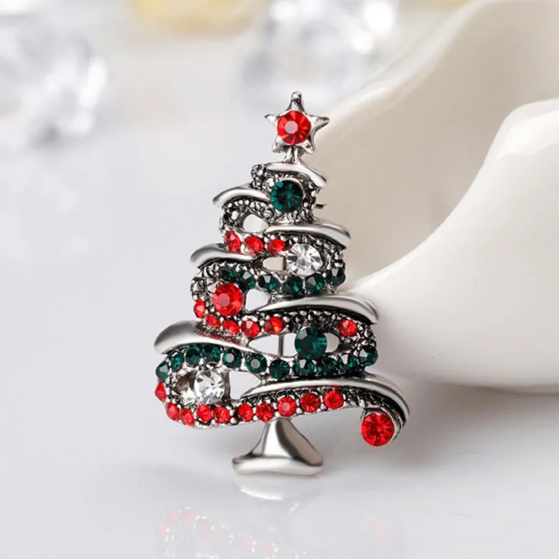 Festive Rhinestone Filled Christmas Tree Brooch Pins