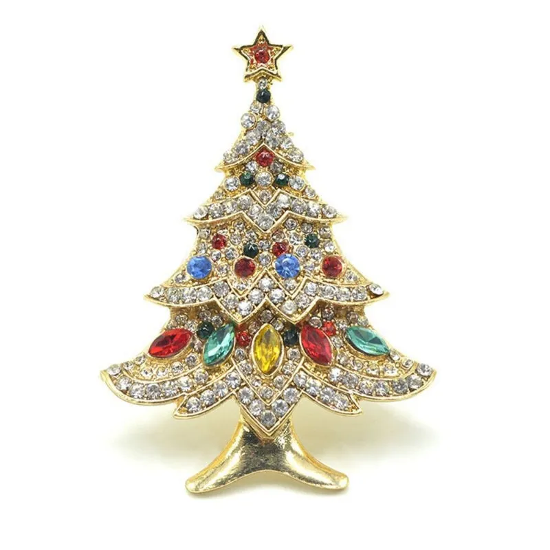 Festive Rhinestone Filled Christmas Tree Brooch Pins