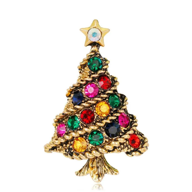 Festive Rhinestone Filled Christmas Tree Brooch Pins